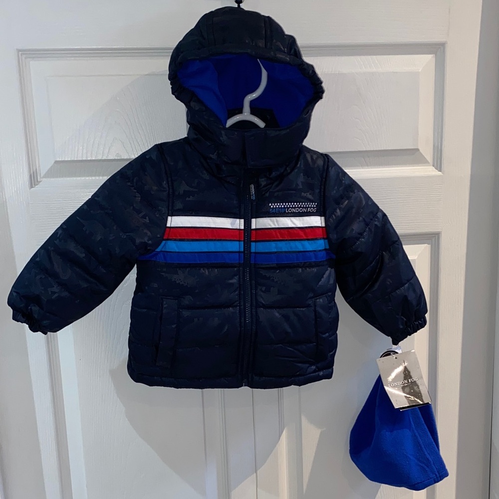 London Fog Boys Navy Winter Puffer Jacket with Colourful Stripes and Hat Size 2T